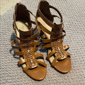 Braided Strappy Wedge Sandals in Tan